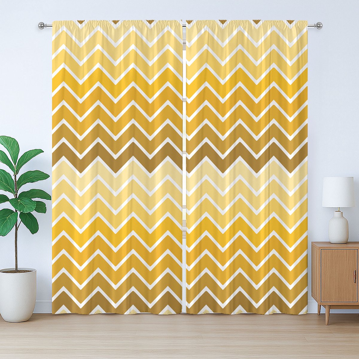 ABAKUHAUS Geel rustiek gordijn, chevron zigzag ombré, slaapkamergordijn met plooien en haken, 280 x 245 cm, lichtgeel