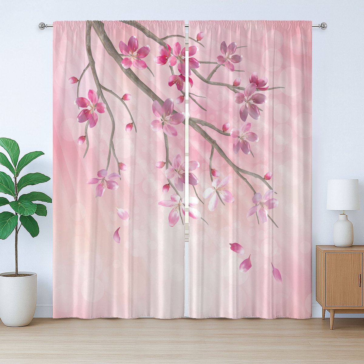 ABAKUHAUS Roze Rustiek Gordijn, Boomtak met Bloemen, Universele Gordijnen met Bandjes, Lussen en Haken voor de Woonkamer, 280 x 175 cm, Roze Fuchsia