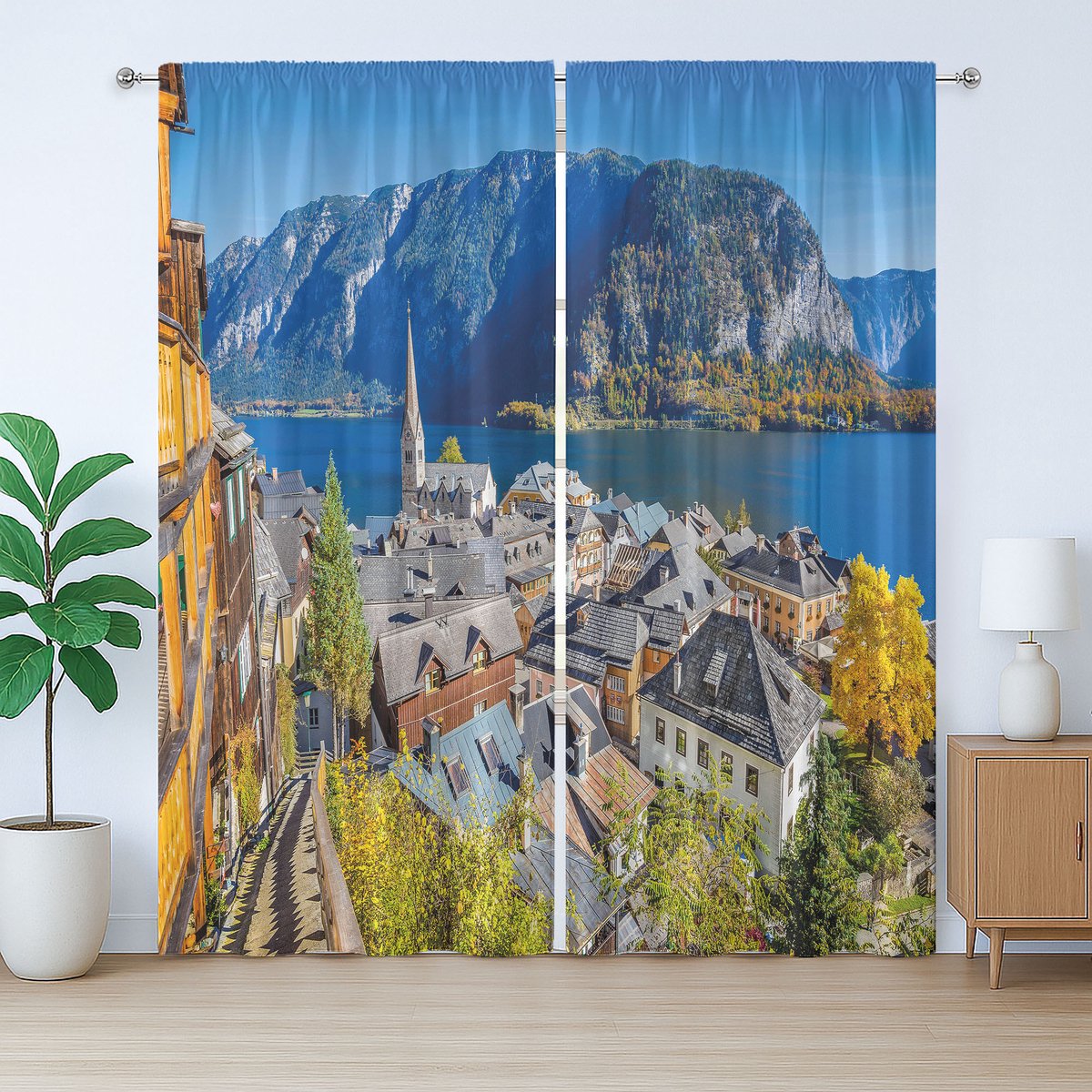 ABAKUHAUS Rustiek Gordijn, Bergdorp Oostenrijk, Universele Gordijnen met Bandjes, Lussen en Haken voor de Woonkamer, 280 x 260 cm, Blauw Geel Grijs