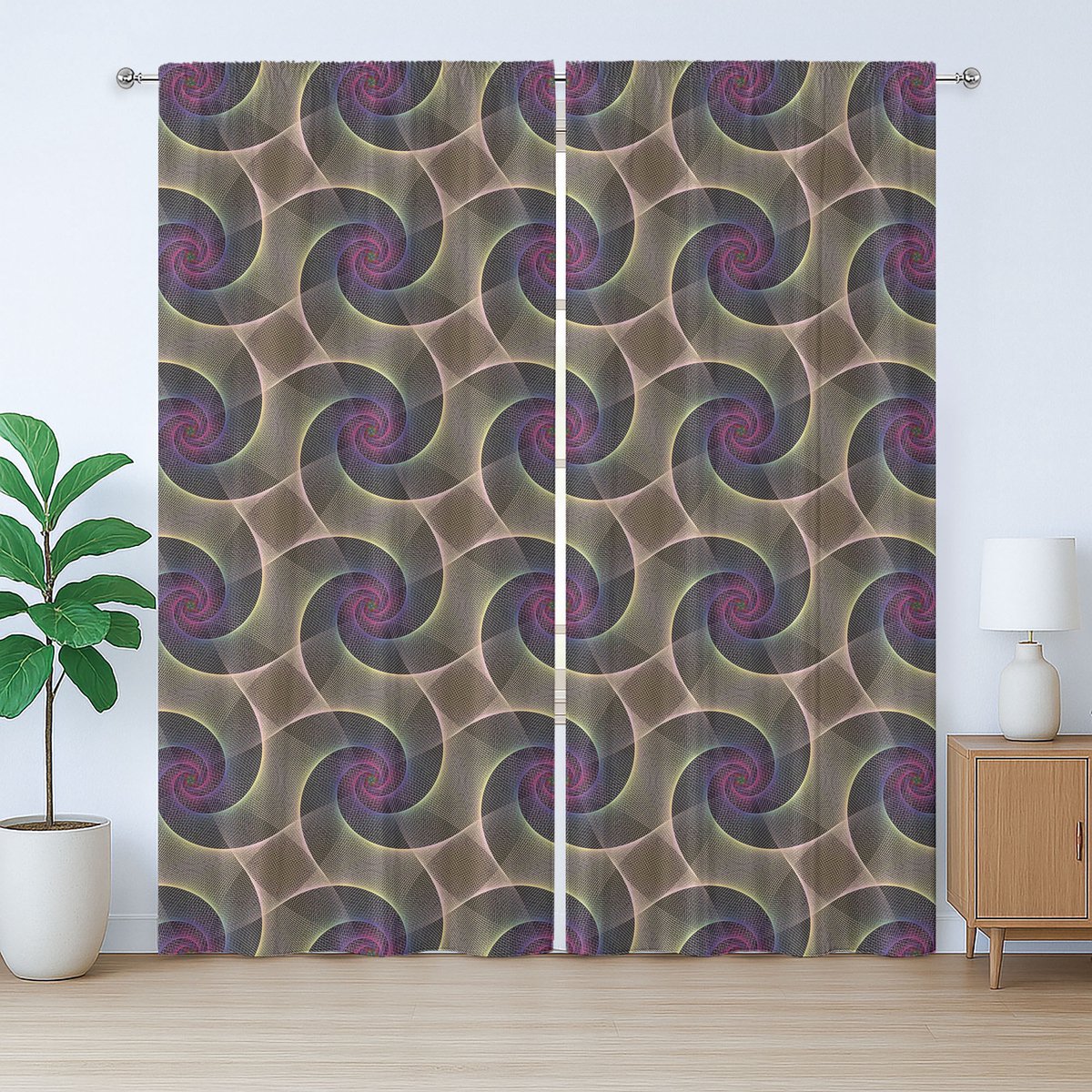 ABAKUHAUS Abstracte rustieke gordijnen, Vortex Visual Design Art, met lussen en haken voor de woonkamer, 280 x 245 cm, Licht aubergine en meerkleurig