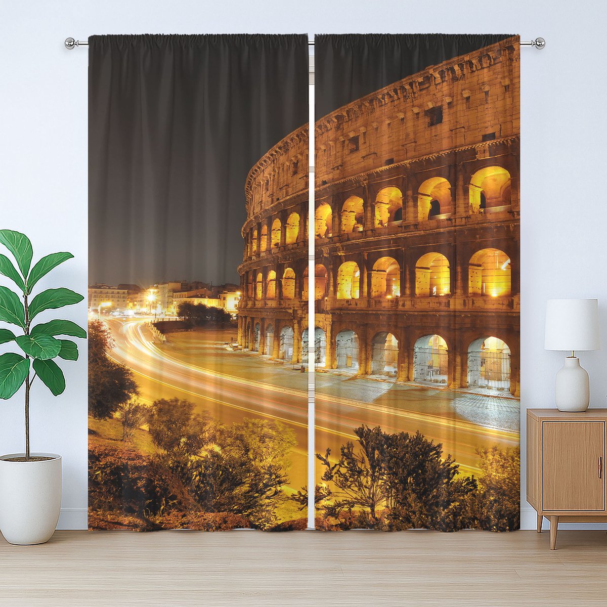 ABAKUHAUS Italiaans rustiek gordijn, Colosseum 's nachts Rome, slaapkamergordijn met lussen en haken, 280 x 225 cm, Amber Goudsbloem Zwart