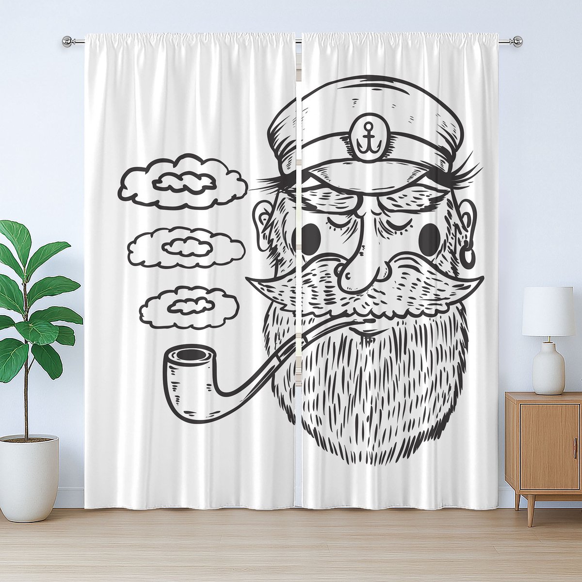ABAKUHAUS Nautisch Tattoo Rustiek Gordijn, Kapitein met Baard, met Bandjes, Lusjes en Haken voor de Woonkamer, 280 x 245 cm, Houtskoolgrijs en Wit