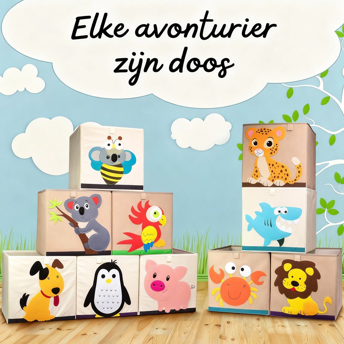 Opbergdoos van stof voor kinderen "leeuw" op donkere achtergrond, compatibel met Ikea Kallax Lifeney