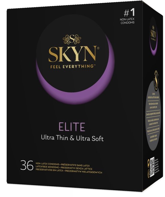 Boîte noire avec logo SKYN ELITE, 'Ultra thin & ultra soft', 36 préservatifs sans latex, '#1 préservatifs sans latex'.