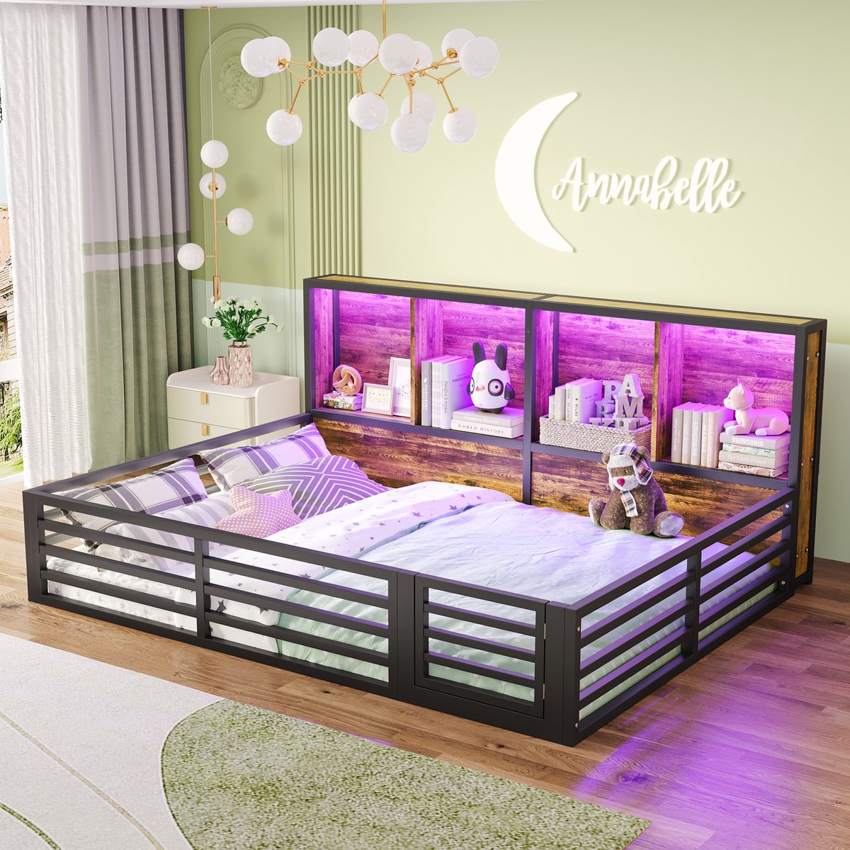 MODFU Bedframe 140x200 cm van MDF en metaal – zwart – met hekwerk, opbergvakken, nachtkast