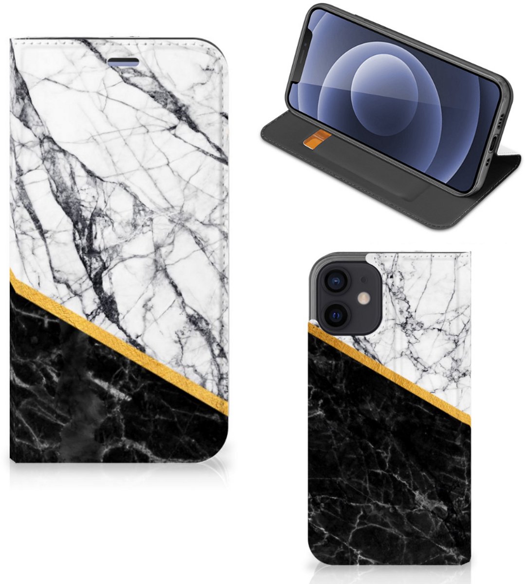 iPhone 12 Mini Standcase Marmer Wit Zwart - Origineel Cadeau Man