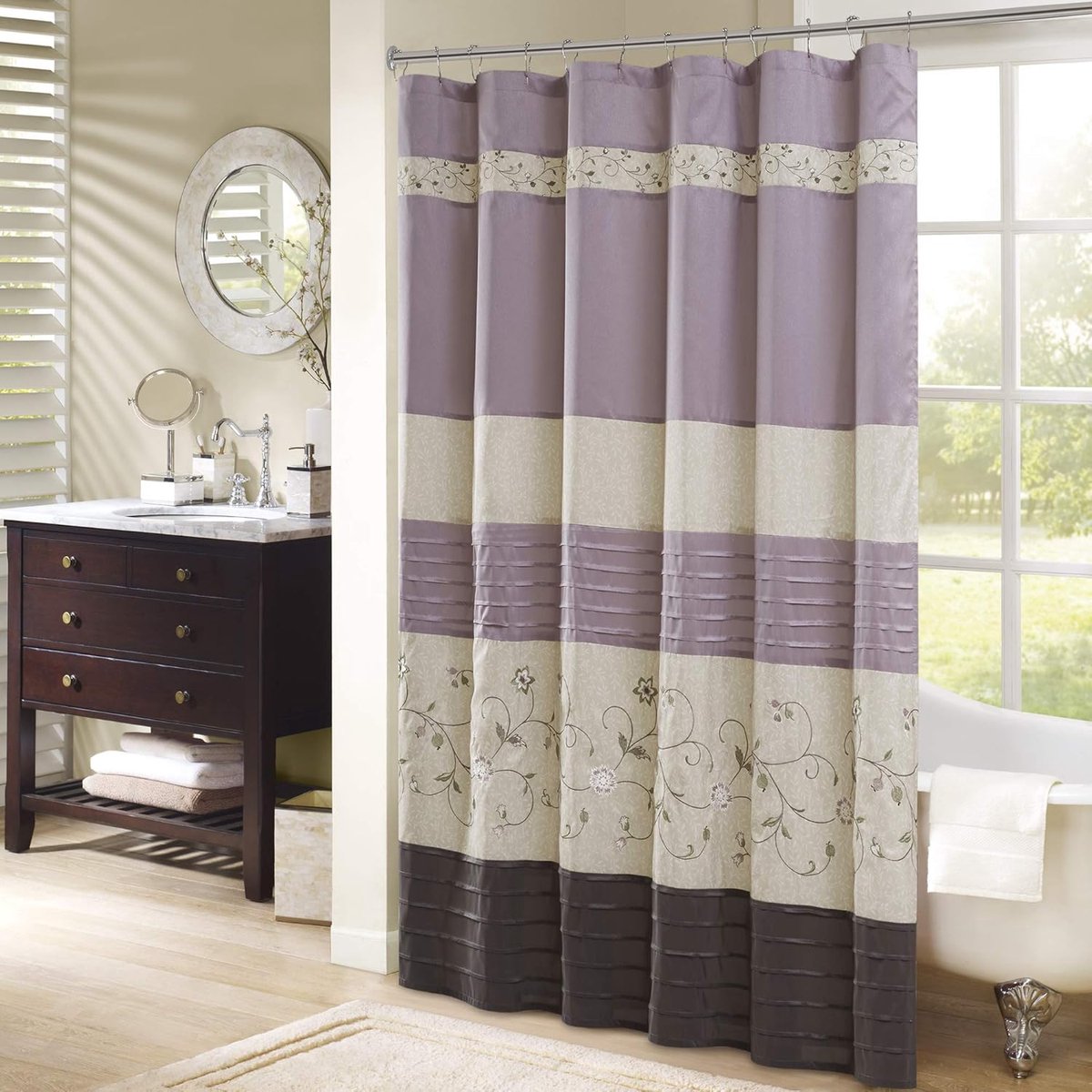 Douchegordijn met geborduurd bloemdesign voor badkamer - 183 x 182 cm - Paars