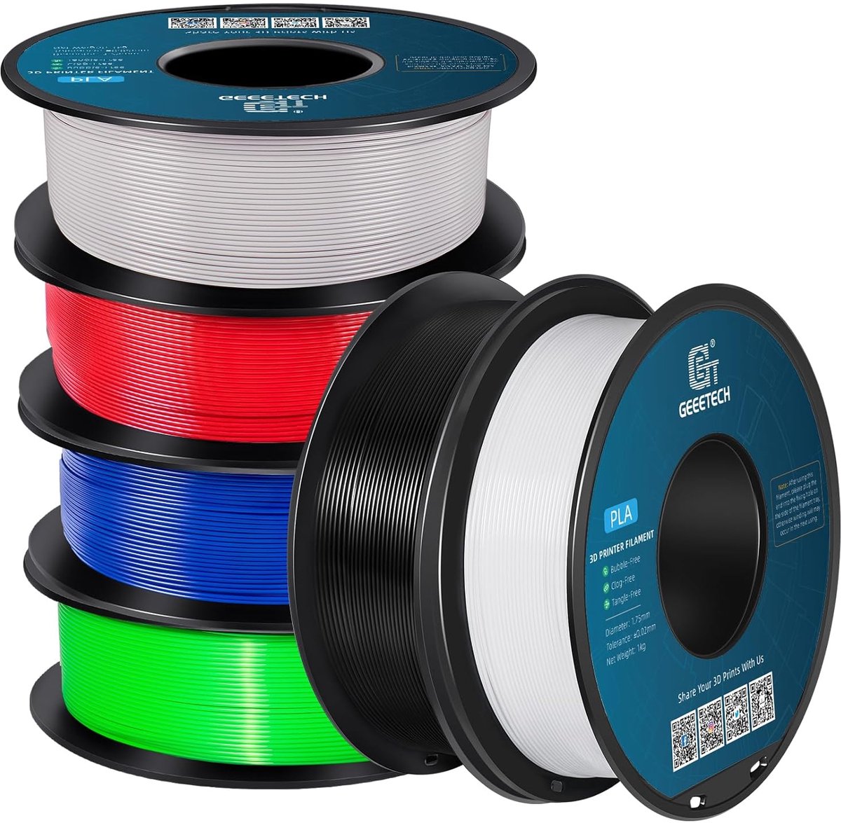 PLA-filament 1,75 mm voor 3D-printers in diverse kleuren - 6 rollen van 1 kg