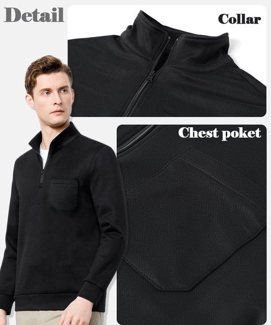 Detailfoto's van de opstaande kraag en de borstzak van het zwarte sweatshirt.