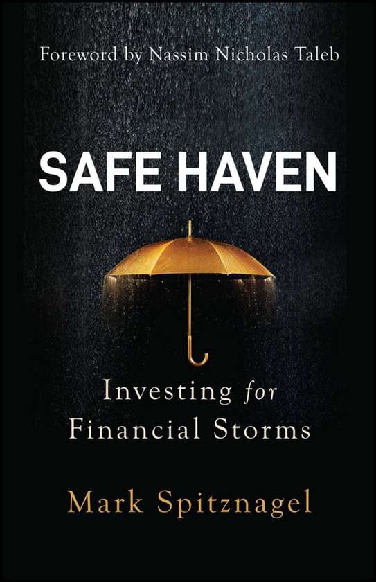 Livre 'Safe Haven' avec un parapluie doré sous un ciel sombre et pluvieux. Préface de Nassim Nicholas Taleb.