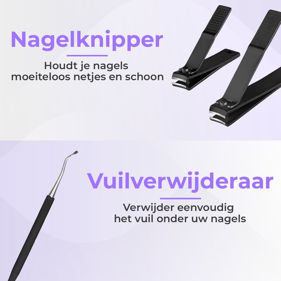 Nagelknippers en vuilverwijderaar met zwarte handvatten.