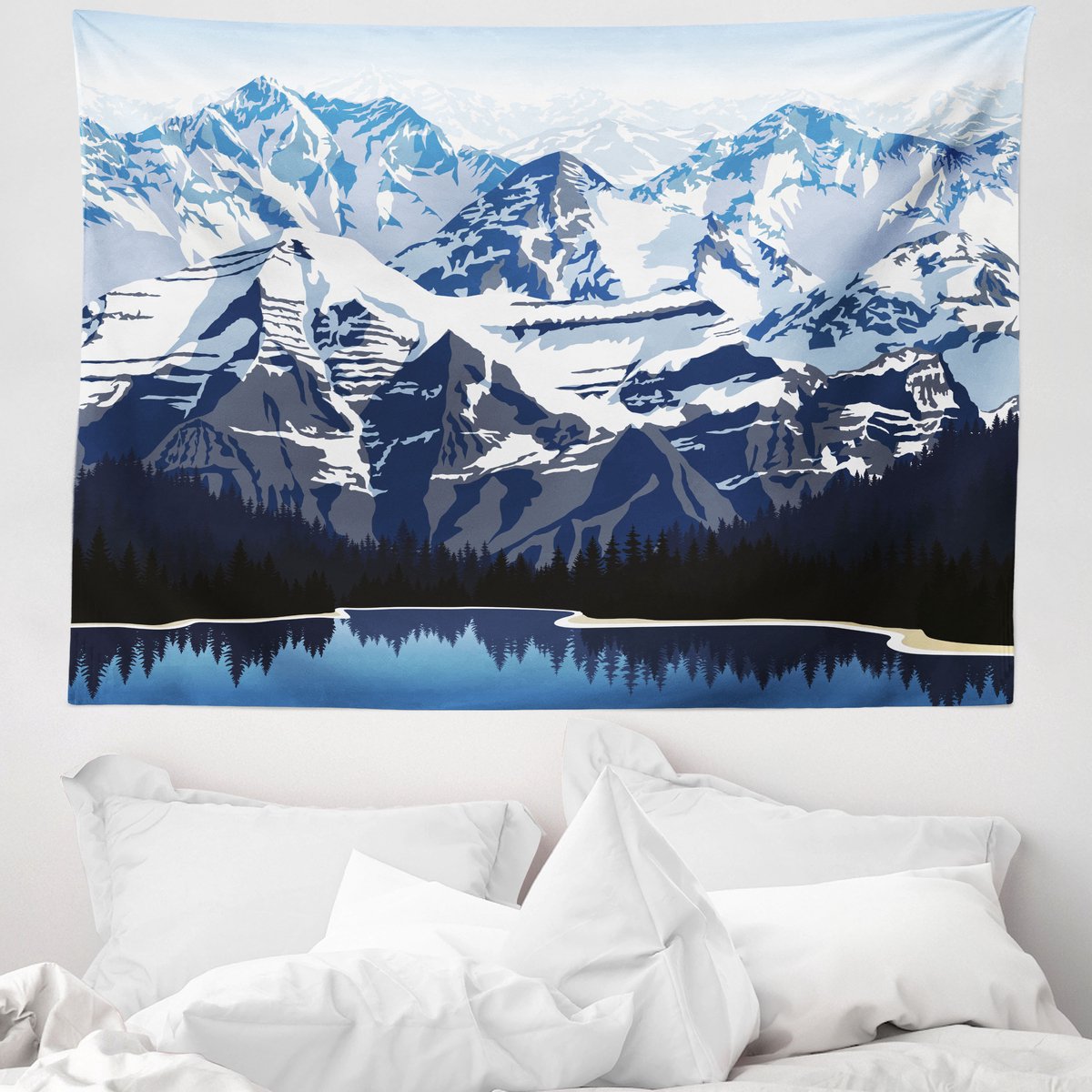 ABAKUHAUS Landschapstapijt, Berglandschap met sneeuw, 150 x 110 cm, Donkerblauw Donkerblauw Blauw