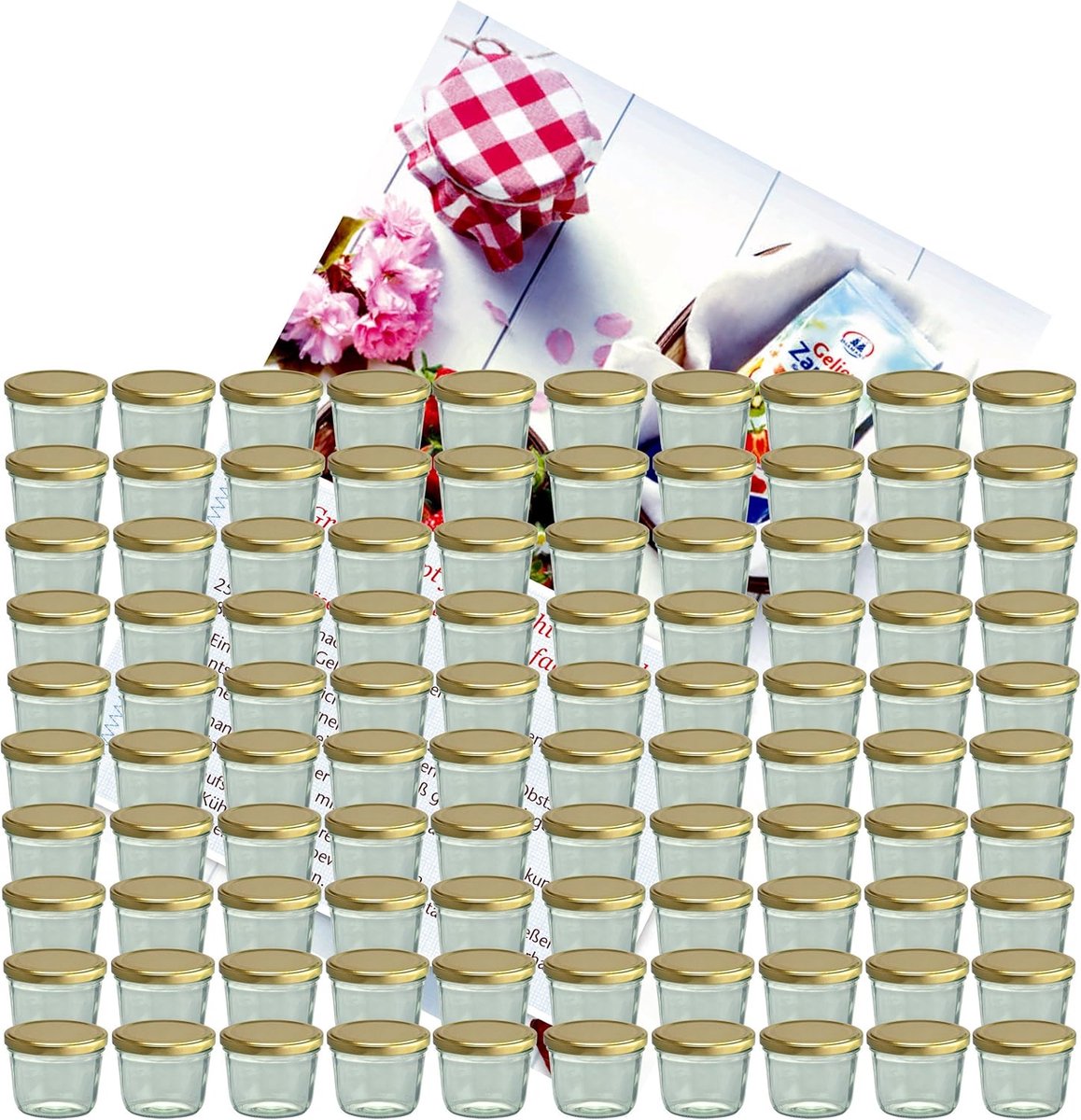 Set van 100 Inmaakpotten 230 ml met Gouden Deksels en Receptenboekje