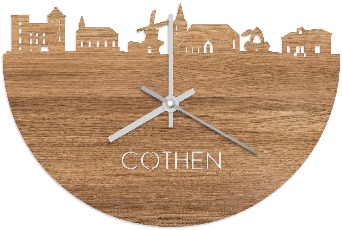 Skyline Klok Cothen Eikenhout - Ø 40 cm - Stil uurwerk - Wanddecoratie - Meer steden beschikbaar - Woonkamer idee - Woondecoratie - City Art - Steden kunst - Cadeau voor hem - Cadeau voor haar - Jubileum - Trouwerij - Housewarming - WoodWideCities