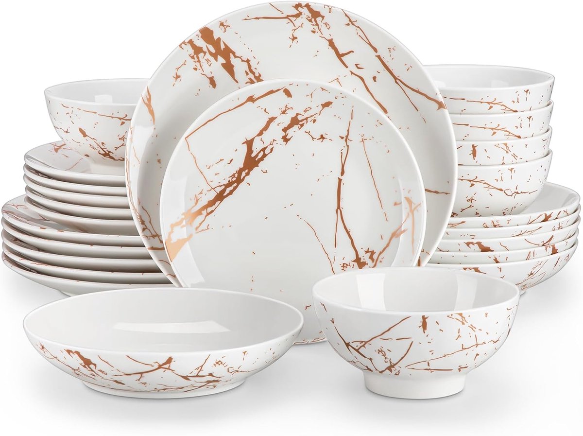 24-delig Servies voor 6 Personen - Aardewerk Borden en Komen met Wit en Goud Design - Vaatwasser- en Magnetronbestendig