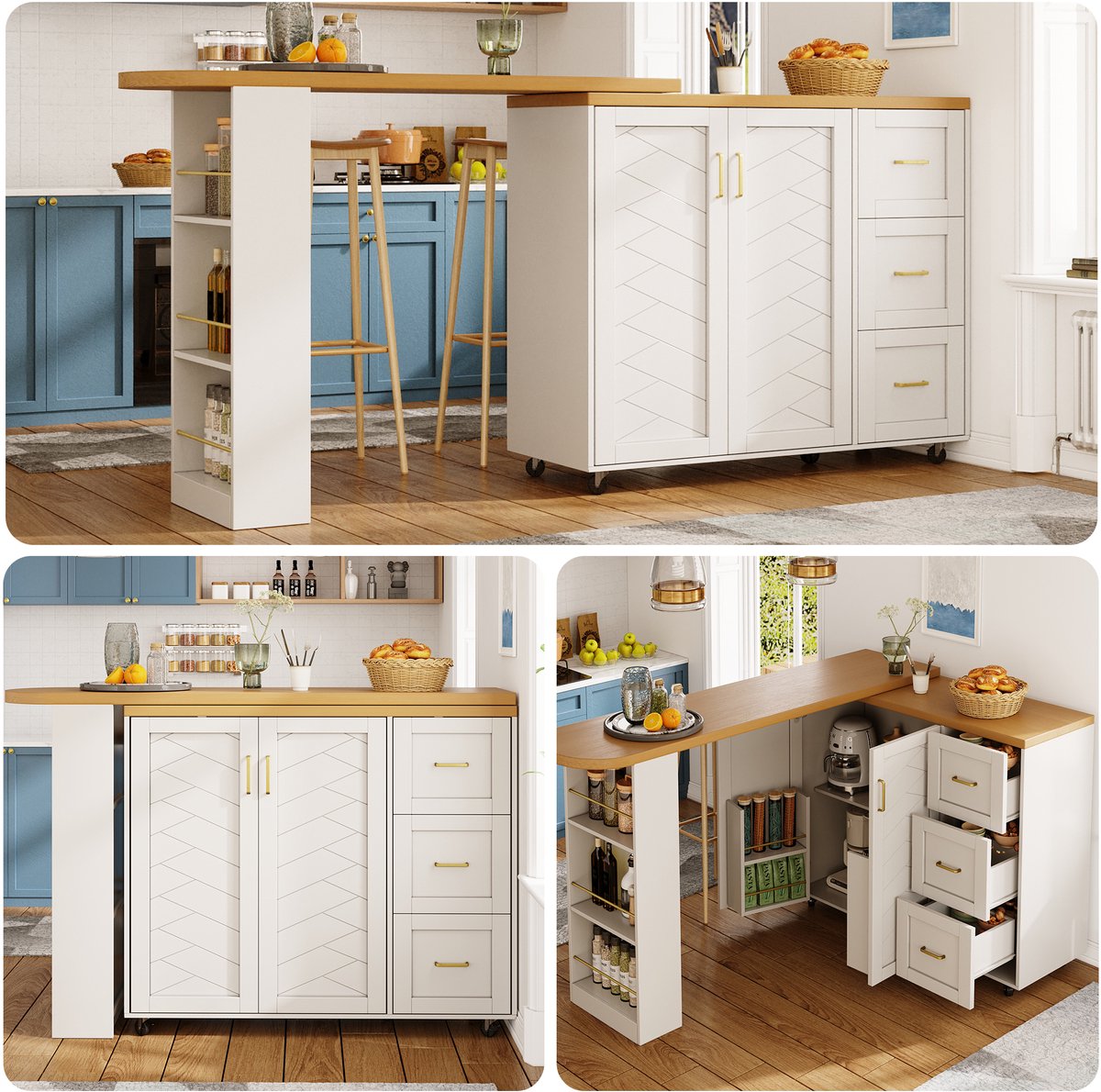 Barwagen - 135-228 x 39 x 104 cm - Uitschuifbare Barwagen met 2 Deuren en 3 Laden - Houtlook - Wit/Zwart
