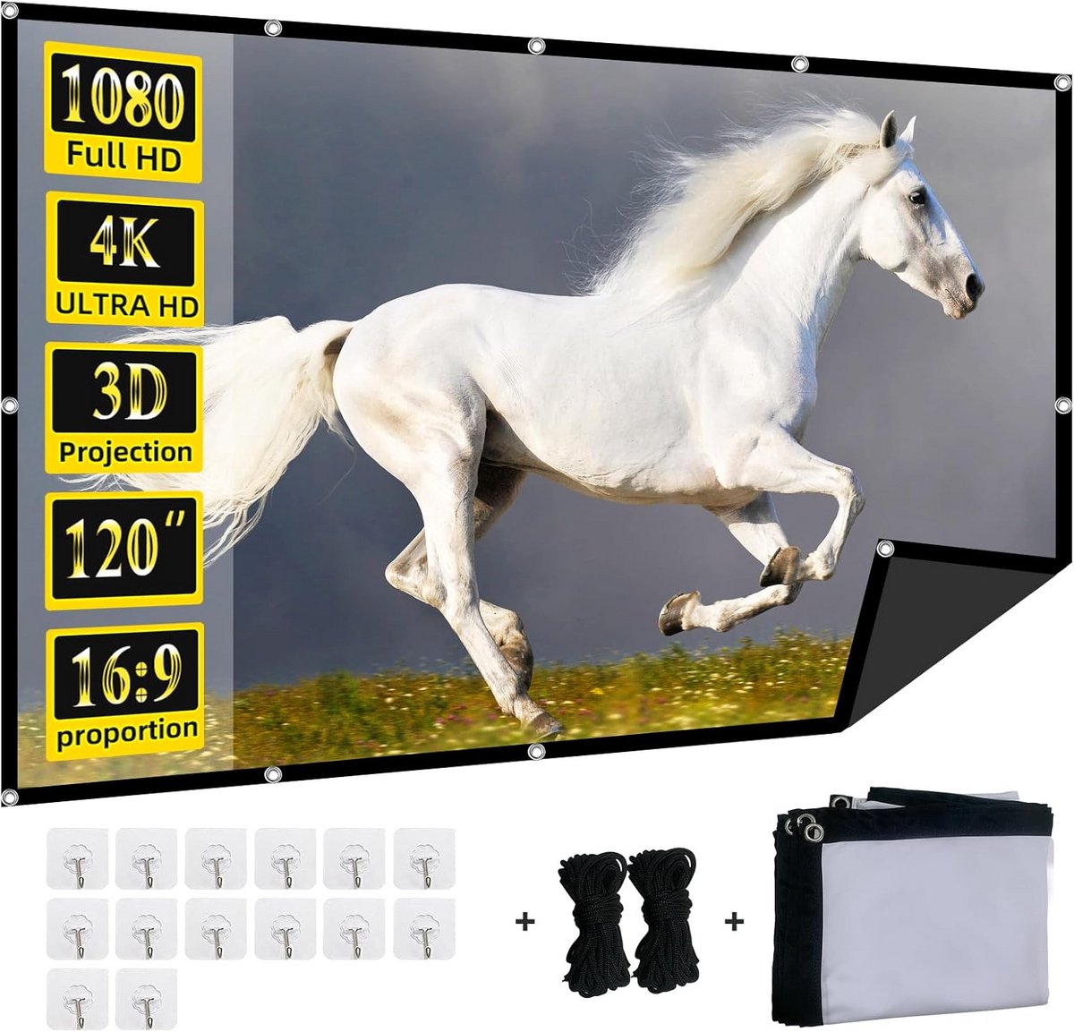 Projectiescherm 120 Inch Opvouwbaar 4K HD 16:9 Lichtabsorberend voor Binnen en Buiten