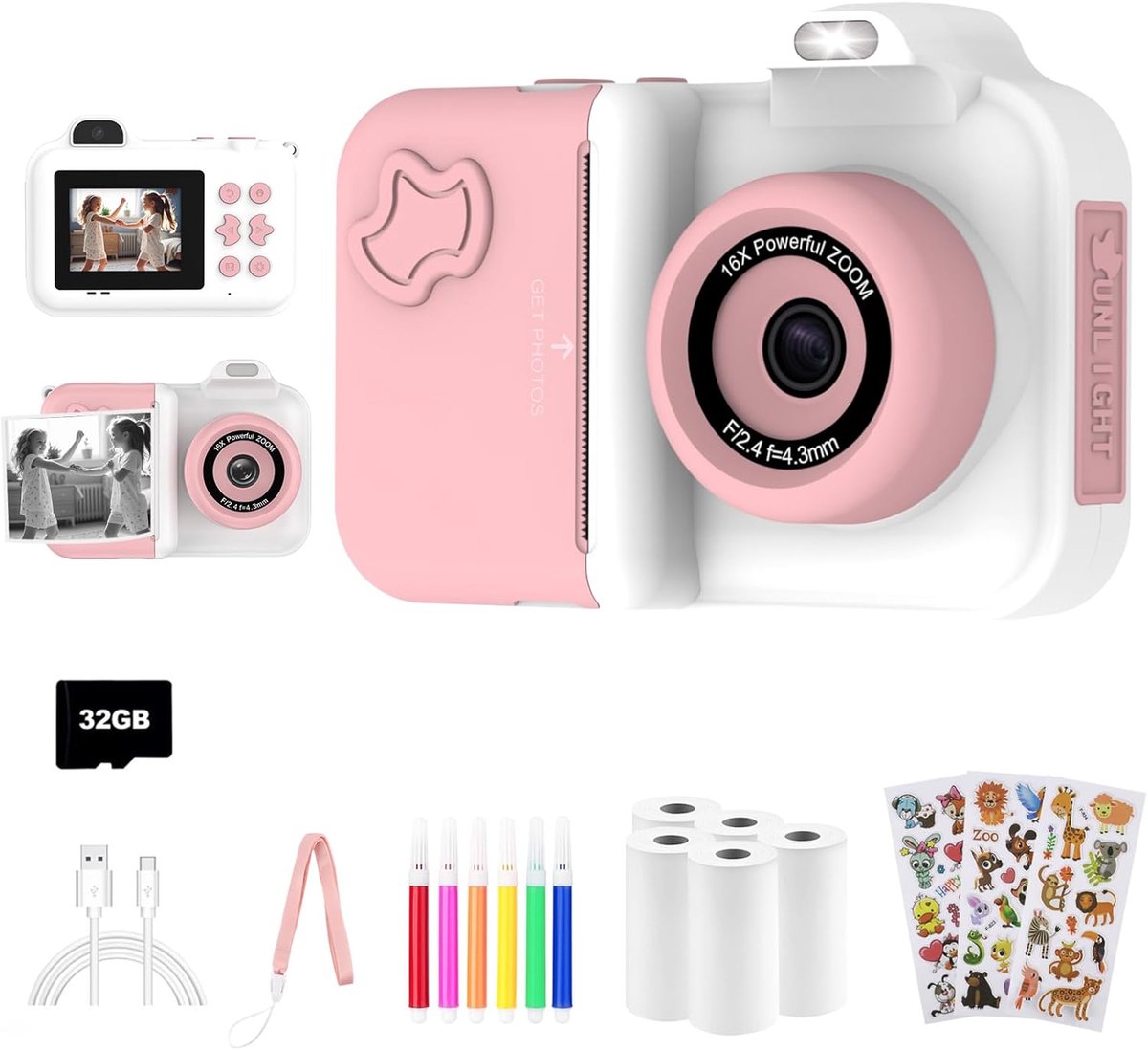 Digitale Instant Print Camera voor Kinderen - 1080P HD, Selfie Camera met 5 Rollen Papier & 32GB Kaart