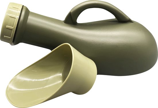Groen urinaal met handvat en losse trechter, met beige dop.