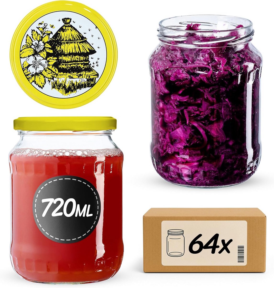 Inmaakpotten 720 ml - Schroefdeksel Jampotten voor Conserveren en Voedselopslag - 64 Stuks