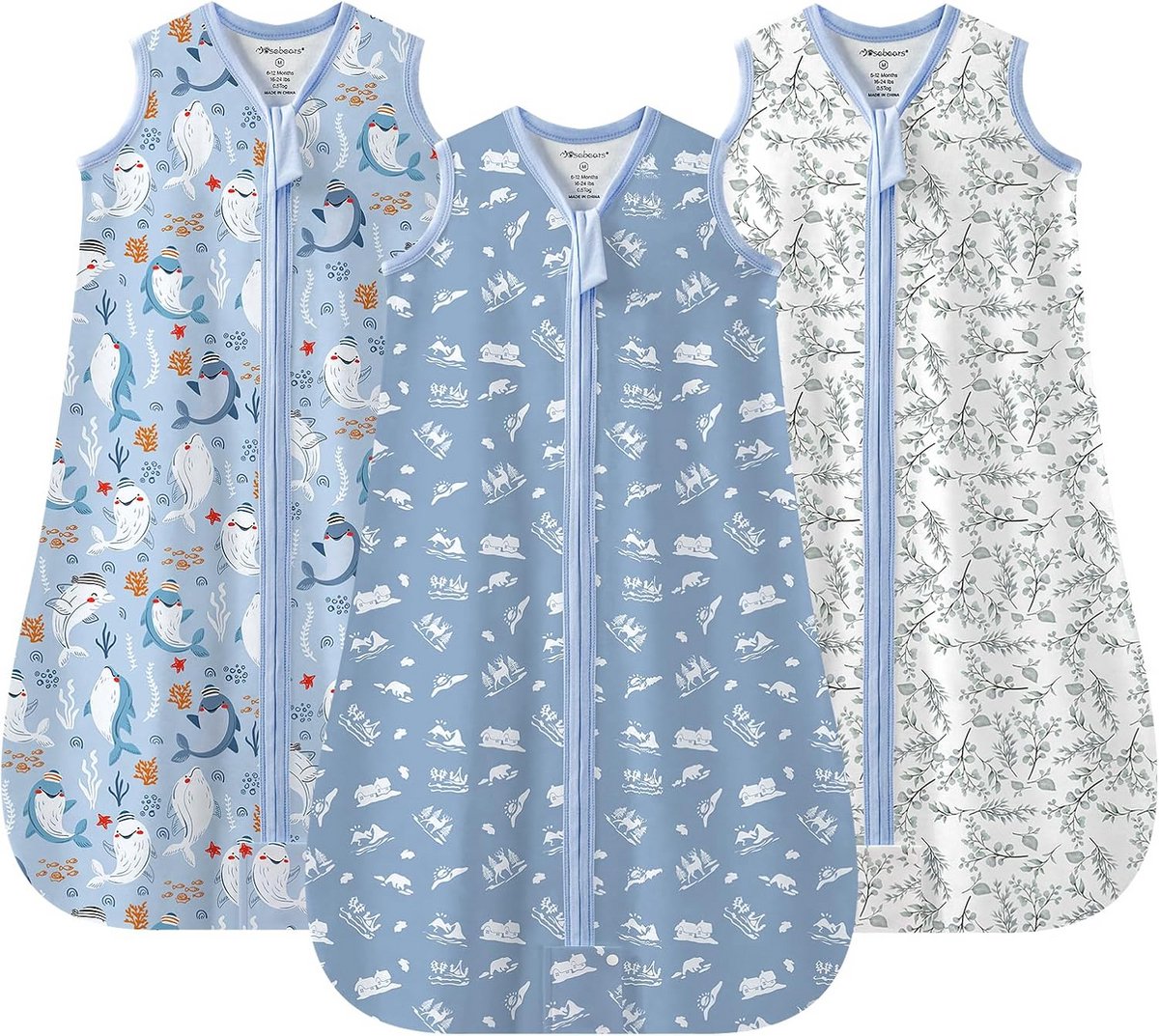 Zomerslaapzak voor Baby's - 0,5 TOG, Ademend, 100% Katoen - Voorjaar en Zomer - 3 Stuks in Blauw - M