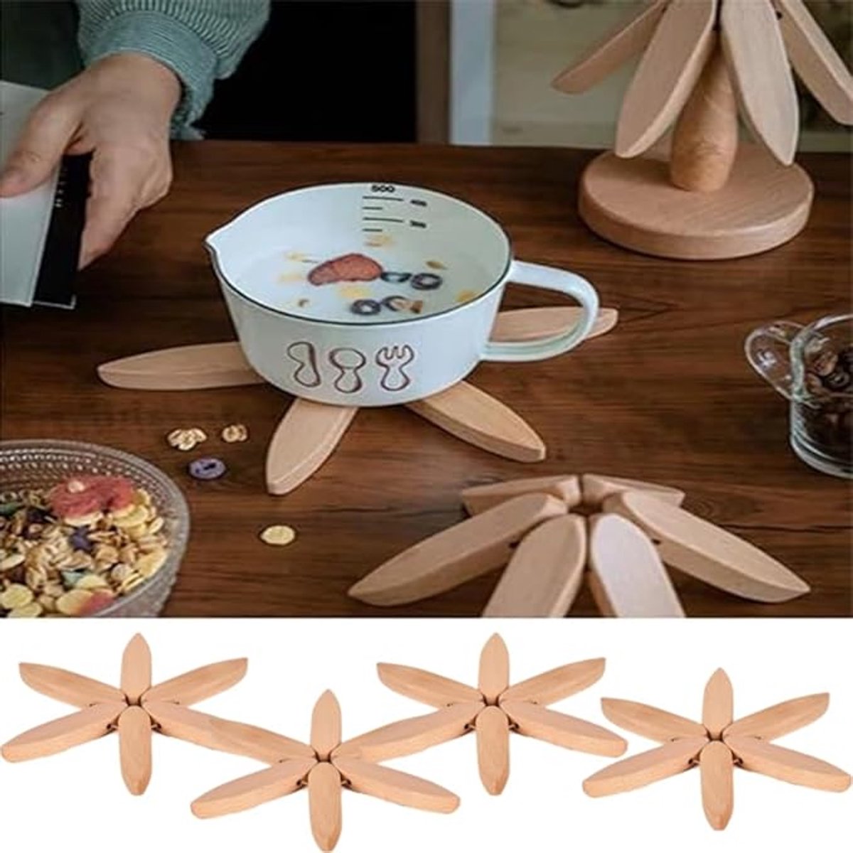 Houten Onderzetters in De Vorm Van Een Boom - Opvouwbare Houten Onderzetter - Set van 4 Houten Onderzetters en 1 Houder - voor Pannen, Koekenpannen en Warme Kommen — cadeau in Koken & Dineren - foto 6