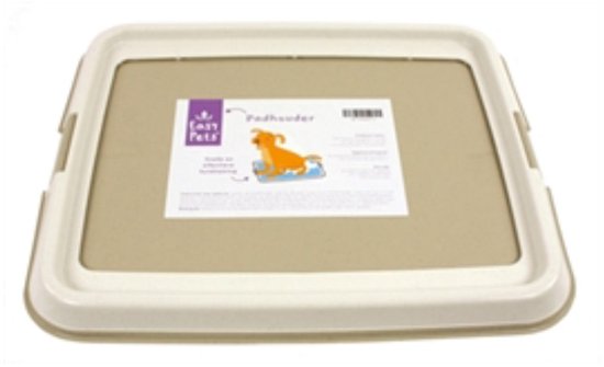 Easypets plasbroekhouder, 62x62 cm, met een beige onderbak en een crème-kleurige rand. Op de verpakking staat een illustratie van een hond.
