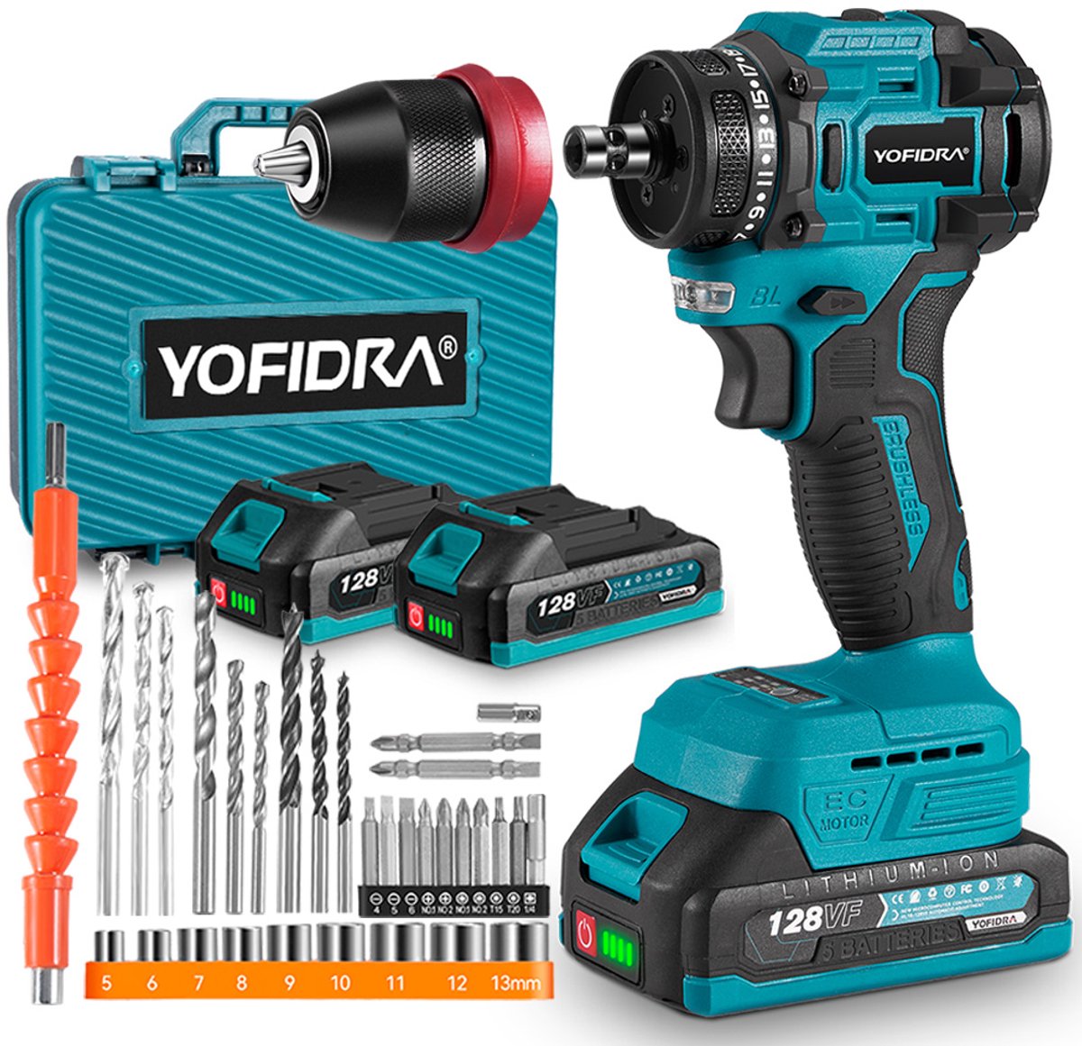 Yofidra Accuboormachine - 18V Accu Schroefboormachine - Draadloos Schroevendraaier - 21+3 Standen - 2 Snelheden - 10 mm Boorhouder - Incl. 2x accu en lader