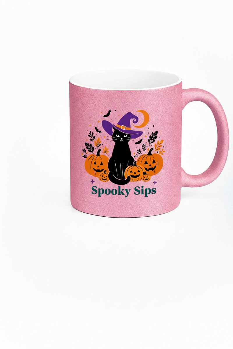 Glitter Halloween Mok - Spooky Sips Zwarte Kat & Pompoenen