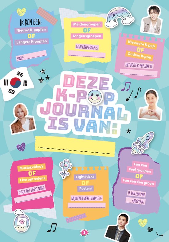 Dit K-pop journal is van... Invulpagina met vragen over K-pop voorkeuren en foto's van artiesten.
