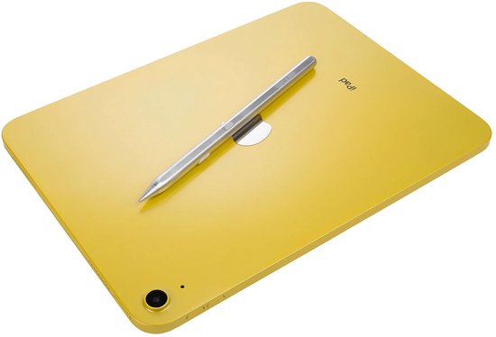 Zilverkleurige stylus op een gele iPad