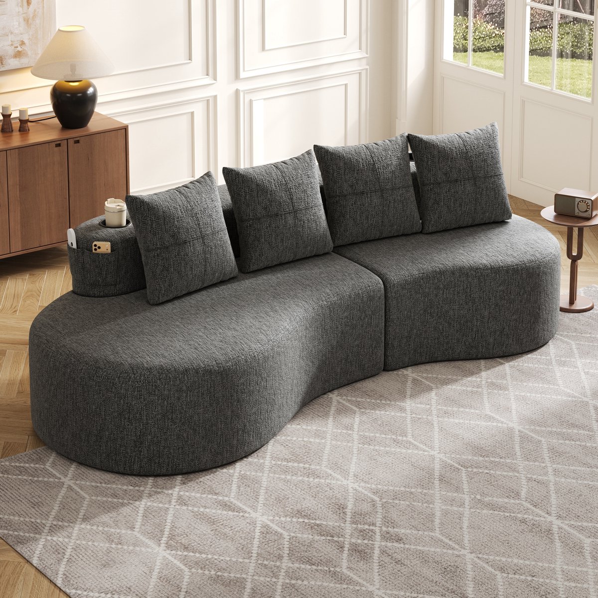 STILVORA Zitbank 240x109x60 Cm - Met Bekerhouders En Opbergvakken - Voor Woonkamer En Gastenruimte - Linnen - Donkergrijs