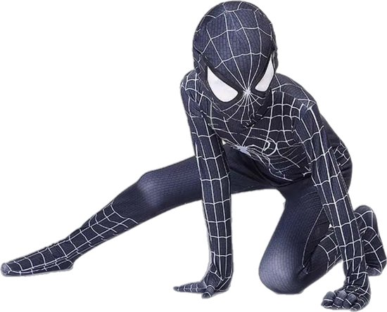 Costume noir de Spider-Man avec motif toile d'araignée blanche, agenouillé sur un genou.