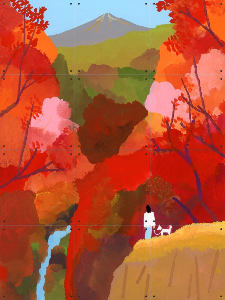 IXXI Autumn leaves and waterfalls, Hiroyuki Izutsu & Bridgeman Images - 60 x 80 cm - Gratis ophangtool - Grote wanddecoratie en posters - Kleurrijk