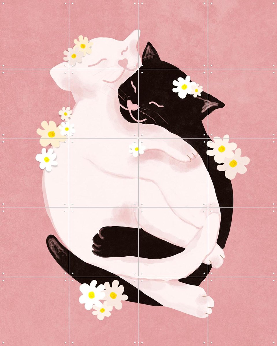 IXXI Cuddling Cats, Raissa Oltmanns - 80 x 100 cm - Gratis ophangtool - Grote wanddecoratie en posters - Cartoonesk, Digitale Kunst, Illustraties