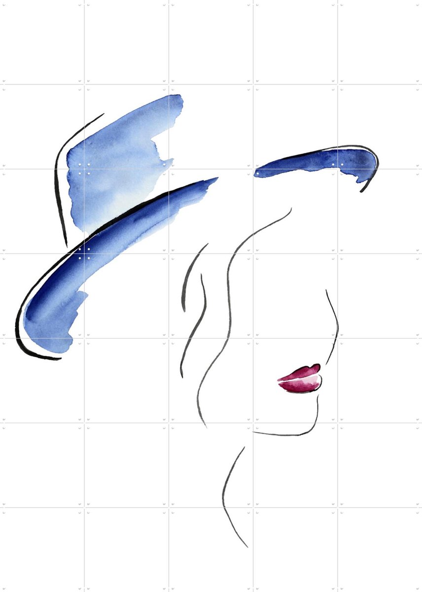 IXXI Lady with the Blue Hat, Natalie Bruns - 100 x 140 cm - Gratis ophangtool - Grote wanddecoratie en posters - Minimalisme, Aquarel, Abstract