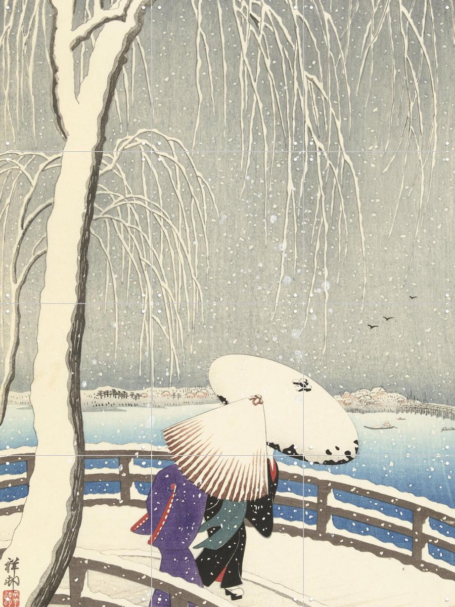 IXXI In the Snow on Yanagibashi, Ohara Koson & Rijksmuseum - 60 x 80 cm - Gratis ophangtool - Grote wanddecoratie en posters - Houtsnede, Ukiyo-e