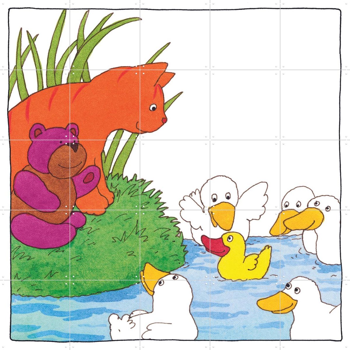IXXI Dikkie Dik bij de Eendenvijver, Dikkie Dik - 100 x 100 cm - Gratis ophangtool - Grote wanddecoratie en posters - Speels, Illustraties