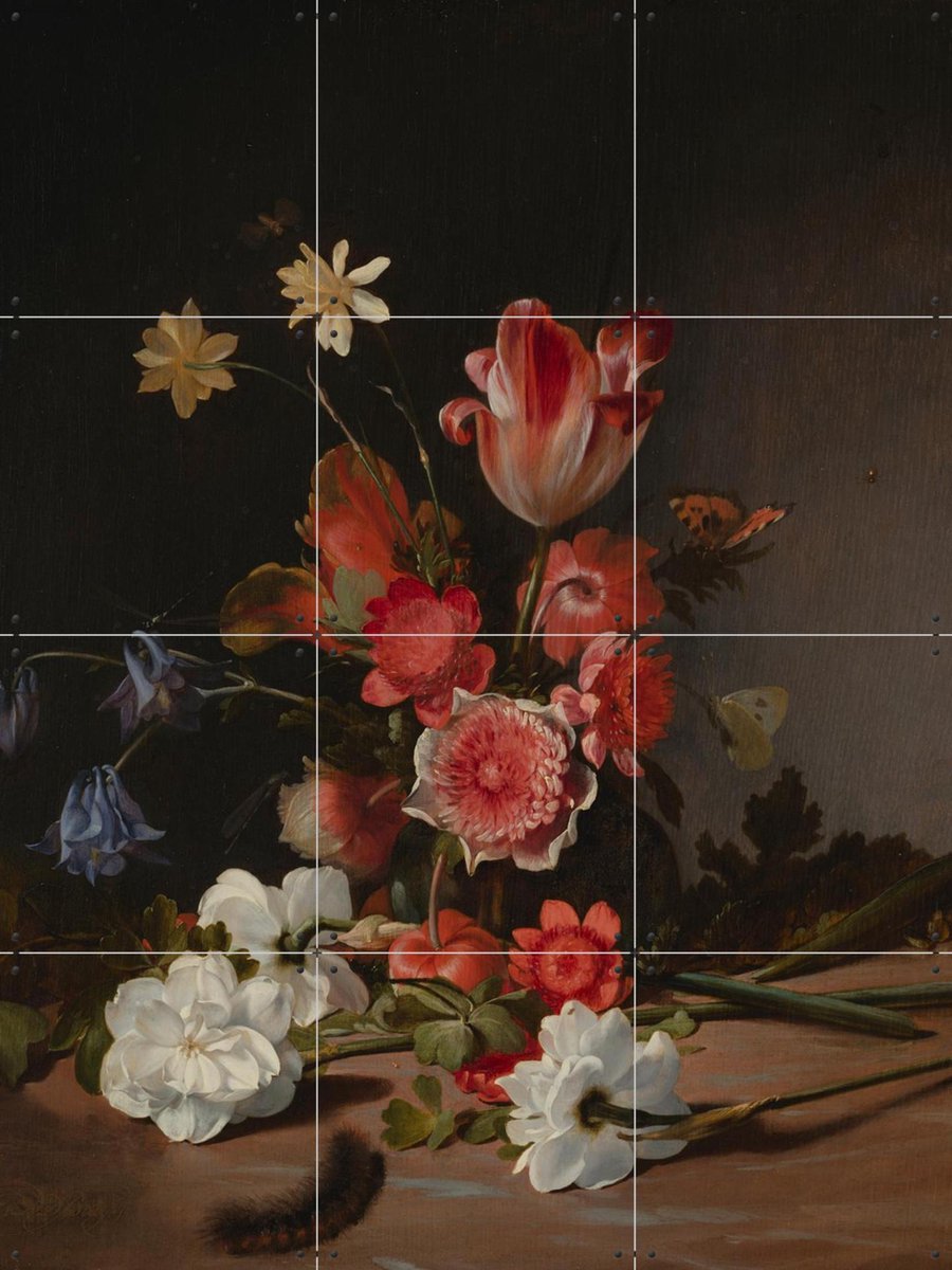 IXXI Stilleven met een boeket in wording, Dirck de Bray & Mauritshuis - 60 x 80 cm - Gratis ophangtool - Grote wanddecoratie en posters - Olieverf