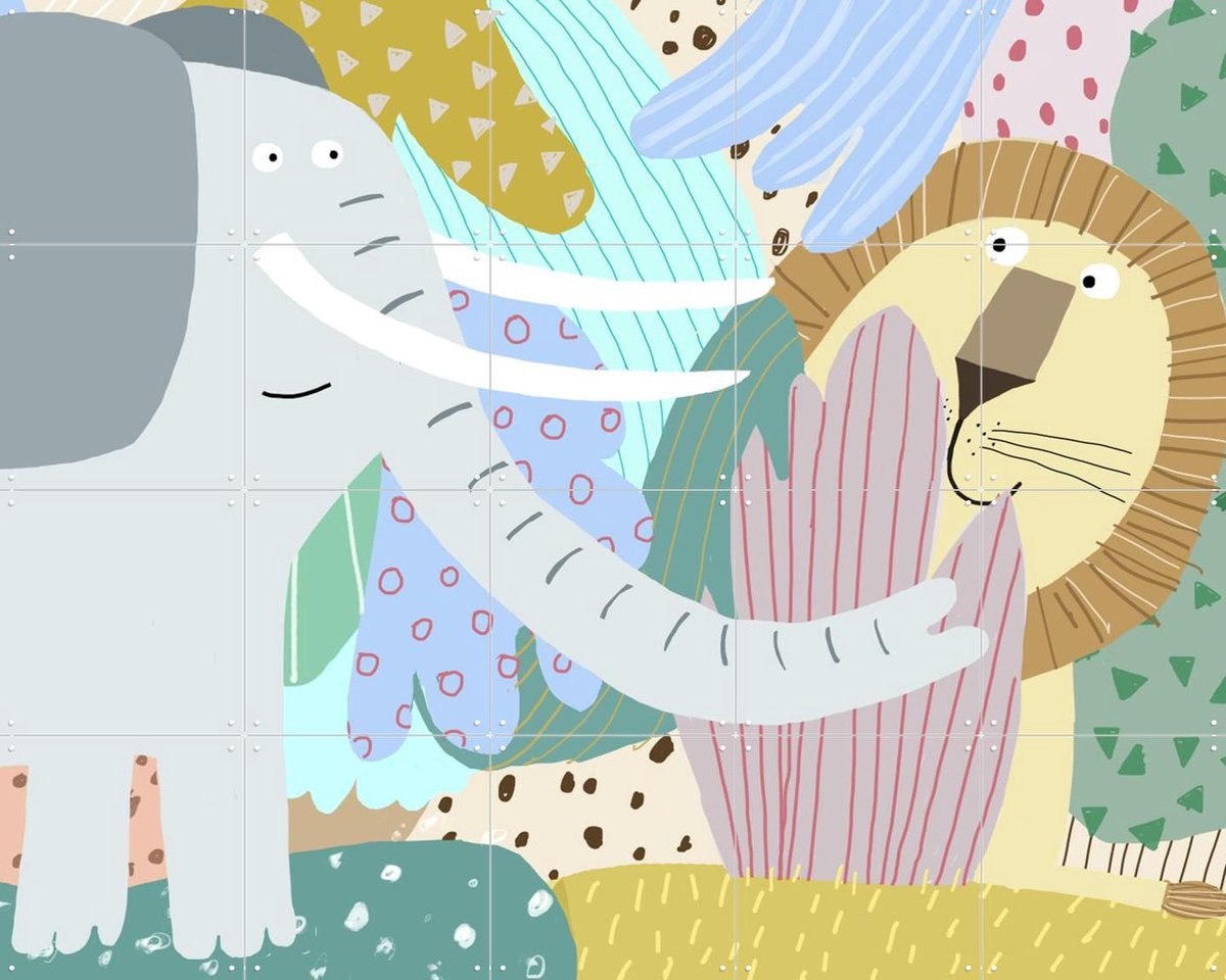 IXXI Cute Elephant with Lion Peeking Out of the Jungle, Carla Daly - 100 x 80 cm - Gratis ophangtool - Grote wanddecoratie en posters - Illustraties