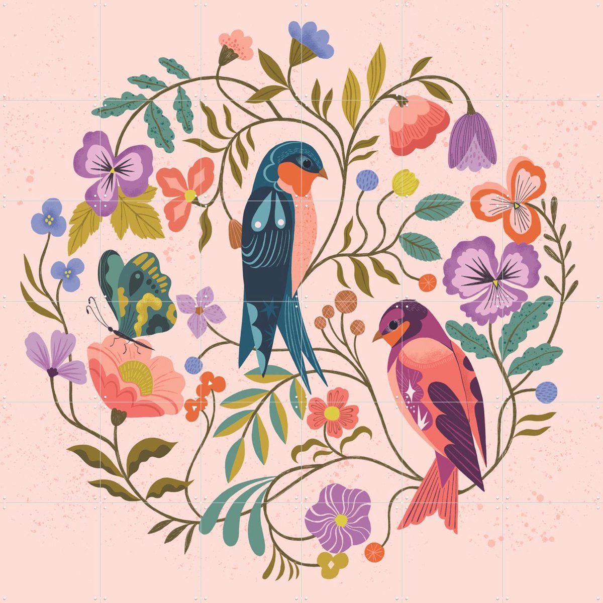 IXXI Swallow Birds, Bethan Janine - 120 x 120 cm - Gratis ophangtool - Grote wanddecoratie en posters - Fantasierijk, Kleurrijk, Illustraties