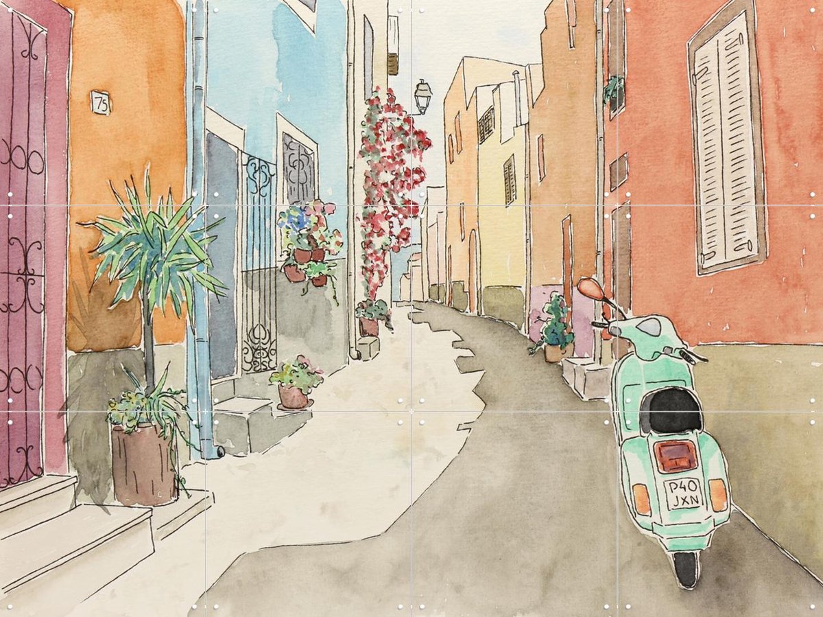 IXXI Scooter in Mediterranean Street, Natalie Bruns - 80 x 60 cm - Gratis ophangtool - Grote wanddecoratie en posters - Kleurrijk, Illustraties