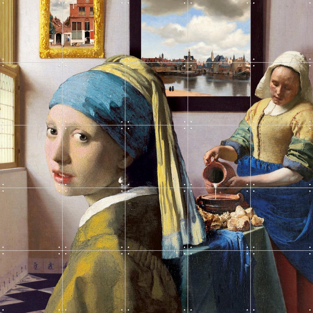 IXXI Vermeer's Girls, Marja van den Hurk - 100 x 100 cm - Gratis ophangtool - Grote wanddecoratie en posters - Olieverf, Klassiek, Woonkamer