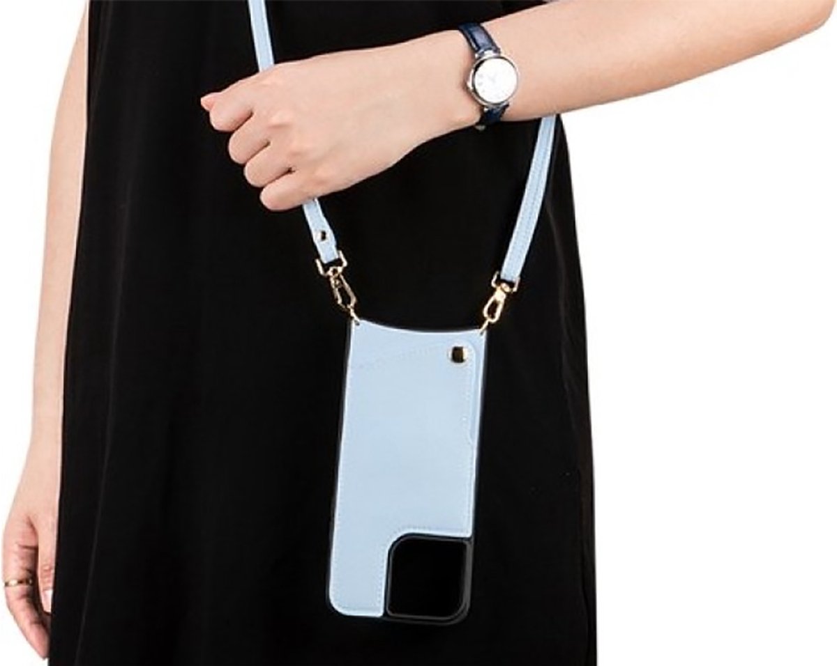 CaseBoutique Backcase hoesje geschikt voor iPhone 15 - Effen Lichtblauw - Kunstleer - met Crossbody Koord & Pashouder