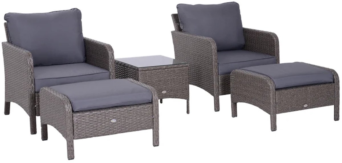 5-delige Loungeset - 2-Persoons Meubelen Set - Tuinset - Tuinmeubelset - Zitset met Kussens - met 2 Fauteuils & 2 Voetenbank & 1 Salontafel - Weerbestendig - Balkon & Terras - Polyrattan - Donkergrijs