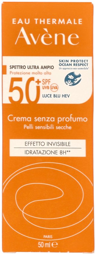 Doos Avène zonnebrandcrème 50ml, oranje verpakking, "Crema senza profumo, Pelli sensibili secche" en "Effetto invisibile, Idratation 8h".