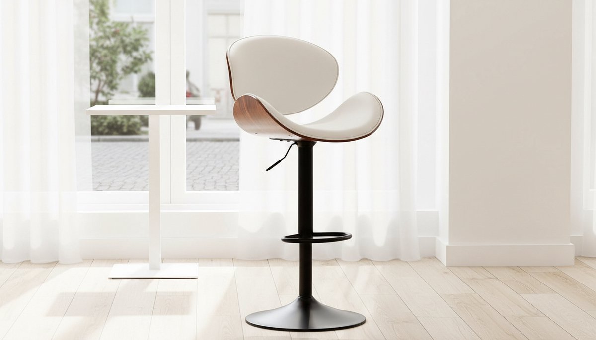 Barkruk 360° draaibaar – Moderne House&Garden barstoel met houten rugleuning, PU-leer zitting en voetensteun – Hoogte verstelbare bistrokruk voor keuken, bar, huis of café – Wit