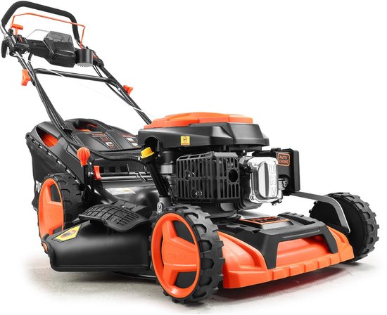 FUXTEC grasmaaier met 51cm maaibreedte, oranje wielen, en "AUTO CHOKE" indicator.