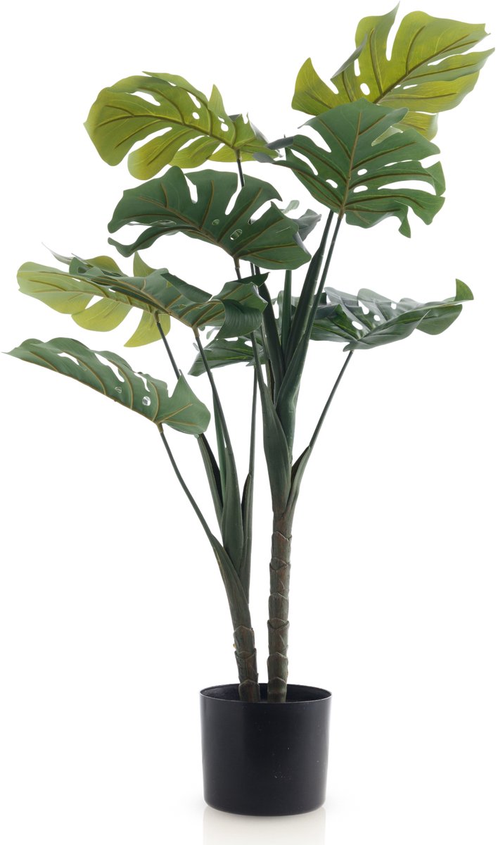 Meisterhome Kunstplant Monstera 90 cm – Realistische Gatenplant – Tropische Kunst Kamerplant – Onderhoudsvrij – Grote Groene Bladeren – In Zwarte Pot – Voor Woonkamer & Kantoor