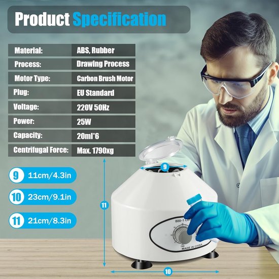 Laboratorium Centrifuge - Desktop Centrifuge - Wetenschappelijk Onderzoek - 4000 RPM Snelheid - 23x23x21 cm — afbeelding 3